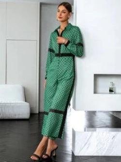 Geo Print Contrast Trim Shirt-Comfy Jumpsuits