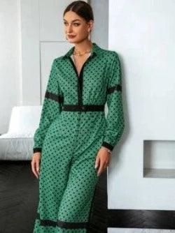 Geo Print Contrast Trim Shirt-Comfy Jumpsuits