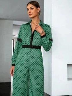 Geo Print Contrast Trim Shirt-Comfy Jumpsuits