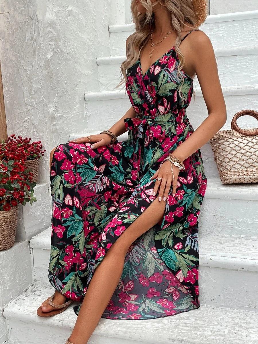 Tropical Print Belted Jumpsuit-Comfy Jumpsuits