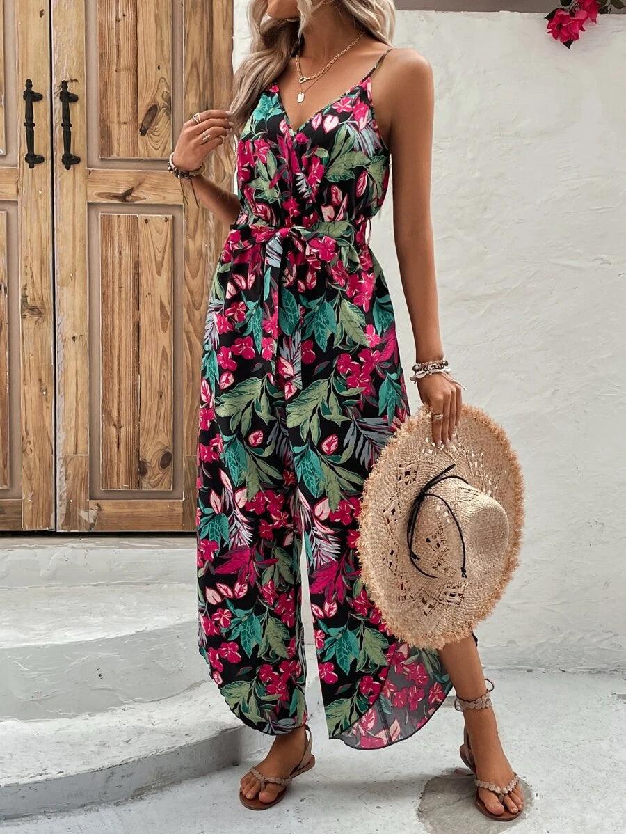 Tropical Print Belted Jumpsuit-Comfy Jumpsuits