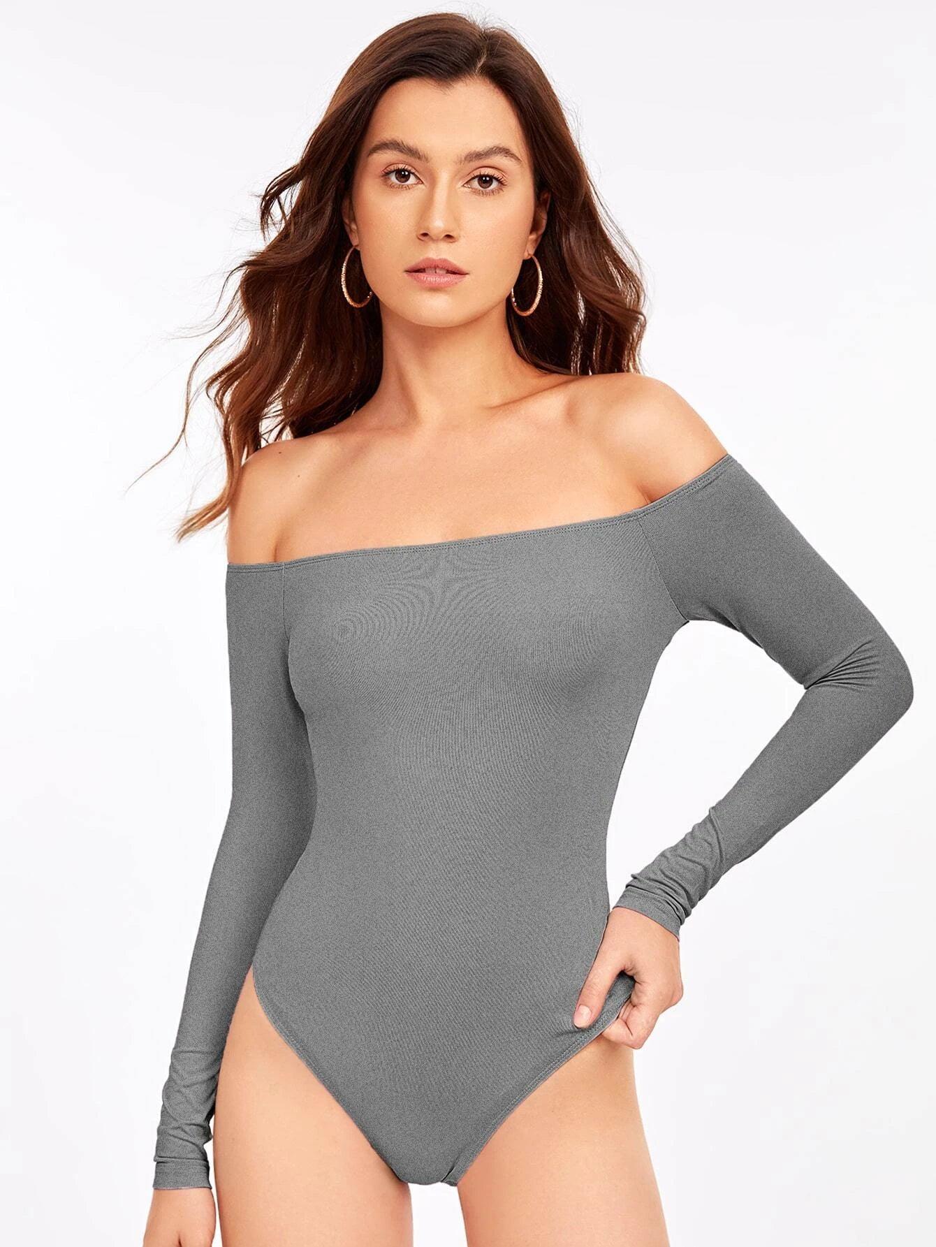 Solid Coloured Off Shoulder Bodysuit-Comfy Jumpsuits