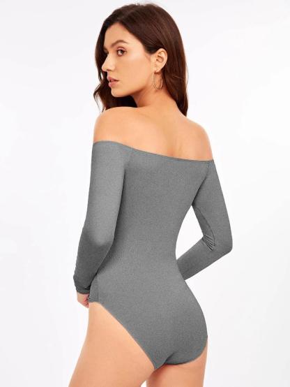 Solid Coloured Off Shoulder Bodysuit-Comfy Jumpsuits