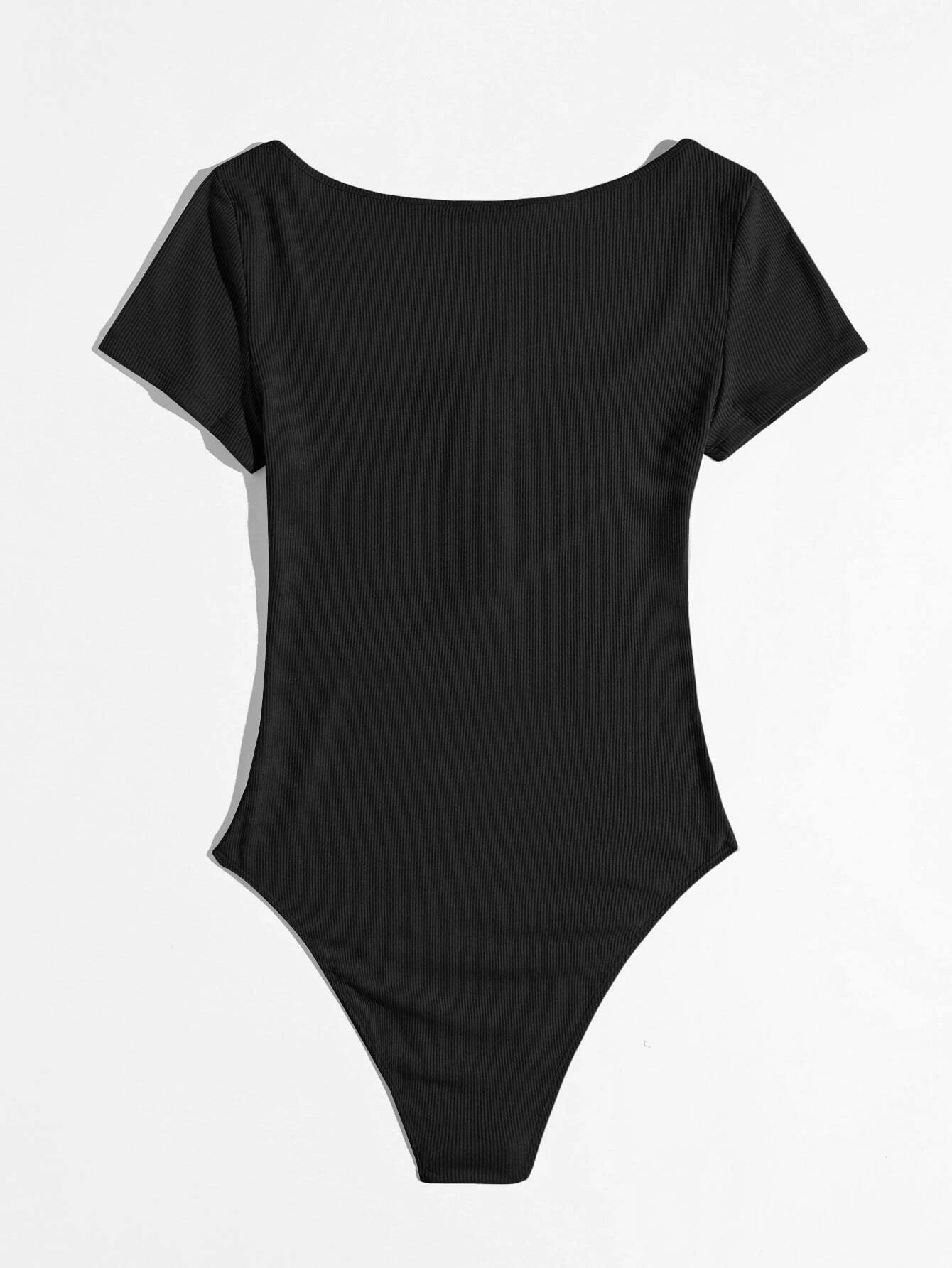 Scoop Neck Half Hook and Eye Placket Solid Bodysuit-Comfy Jumpsuits
