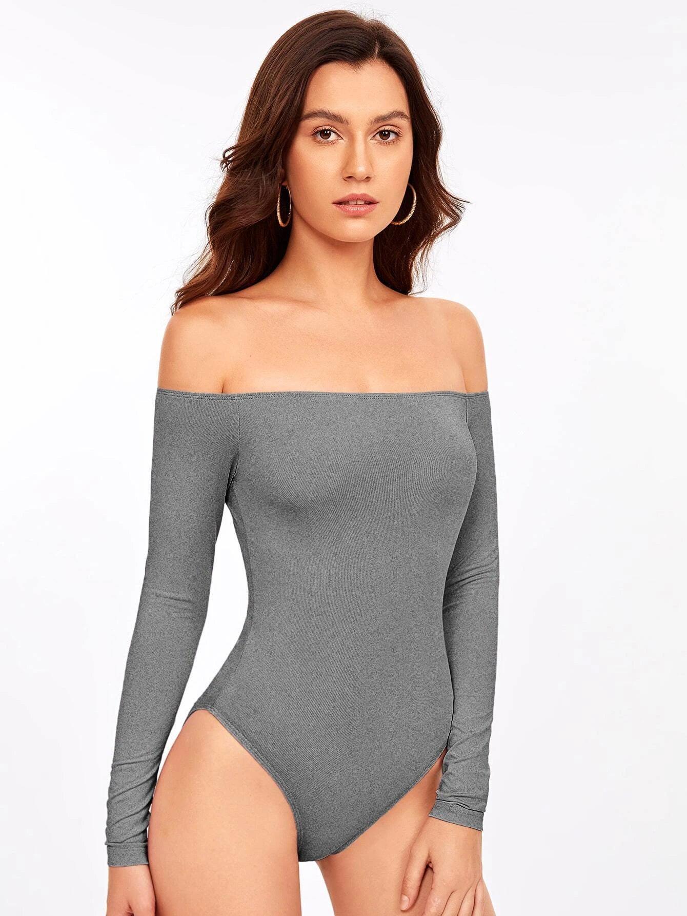 Solid Coloured Off Shoulder Bodysuit-Comfy Jumpsuits