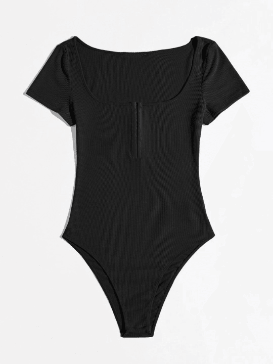 Scoop Neck Half Hook and Eye Placket Solid Bodysuit-Comfy Jumpsuits