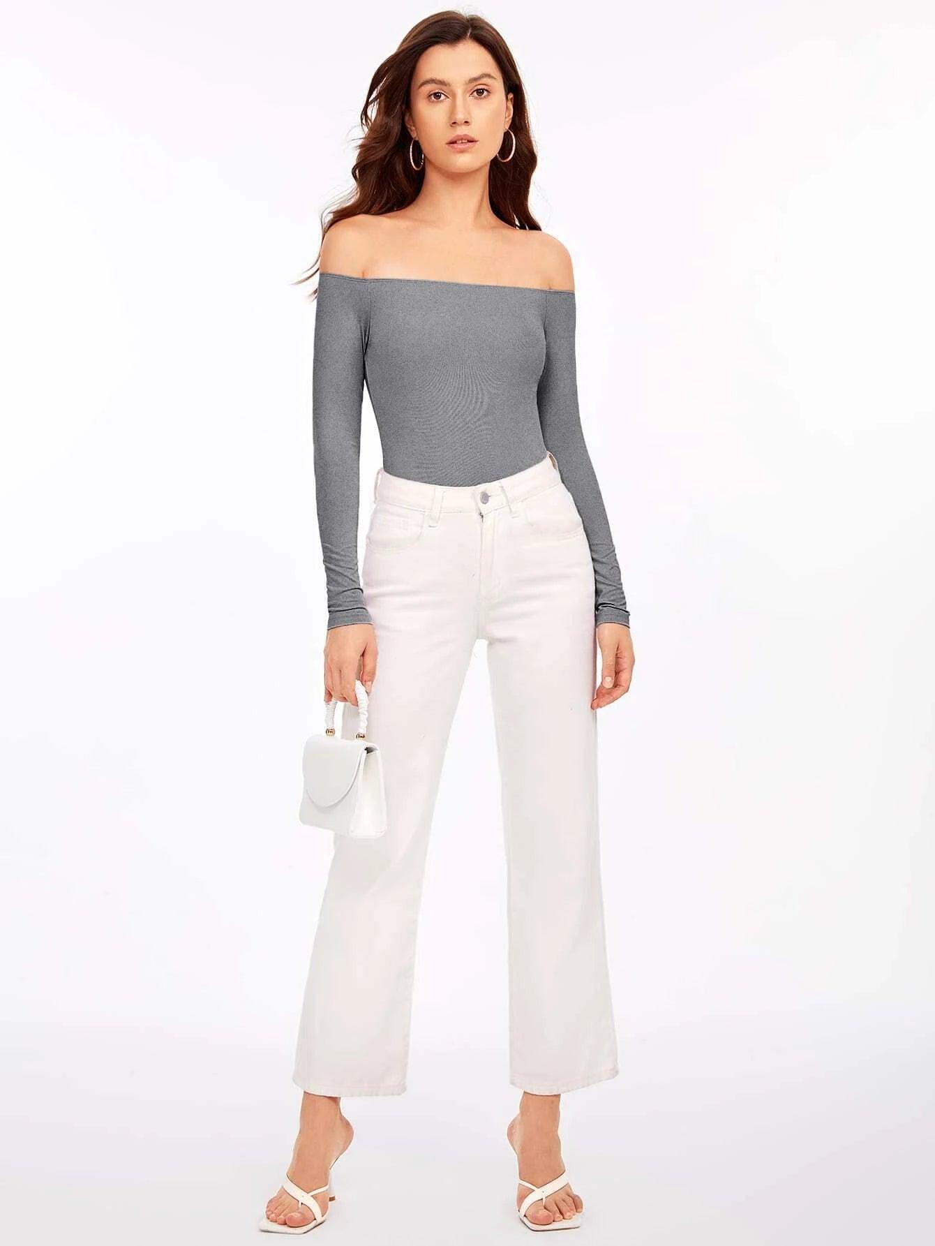 Solid Coloured Off Shoulder Bodysuit-Comfy Jumpsuits
