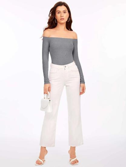 Solid Coloured Off Shoulder Bodysuit-Comfy Jumpsuits