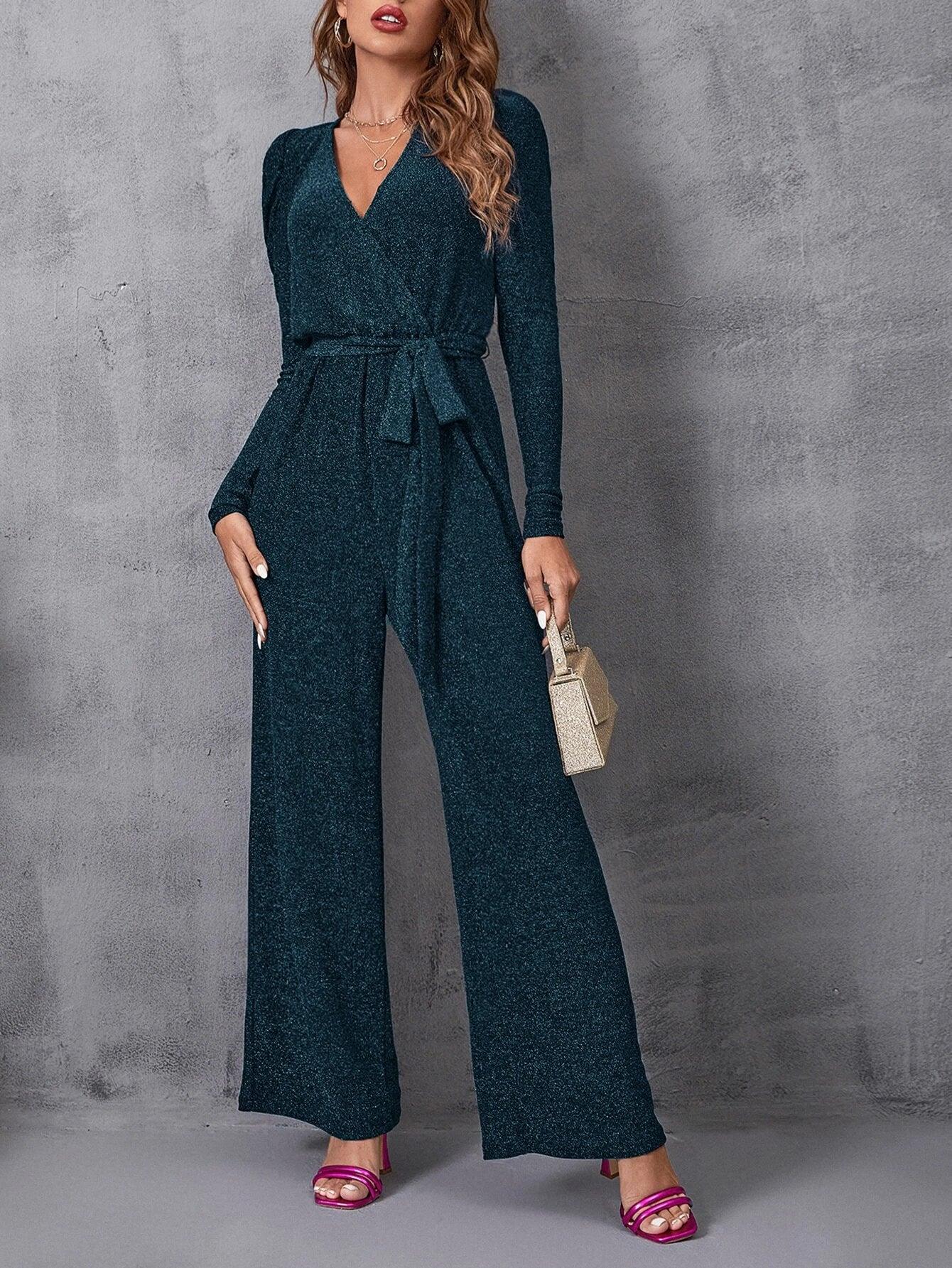 Surplice Neck Gigot Sleeve Belted Glitter Jumpsuit-Comfy Jumpsuits