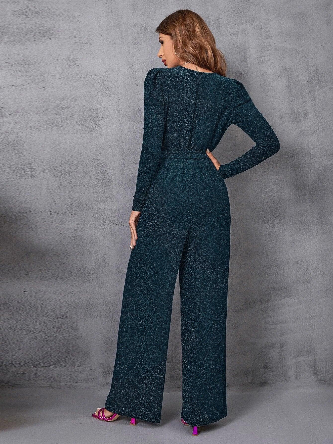 Surplice Neck Gigot Sleeve Belted Glitter Jumpsuit-Comfy Jumpsuits