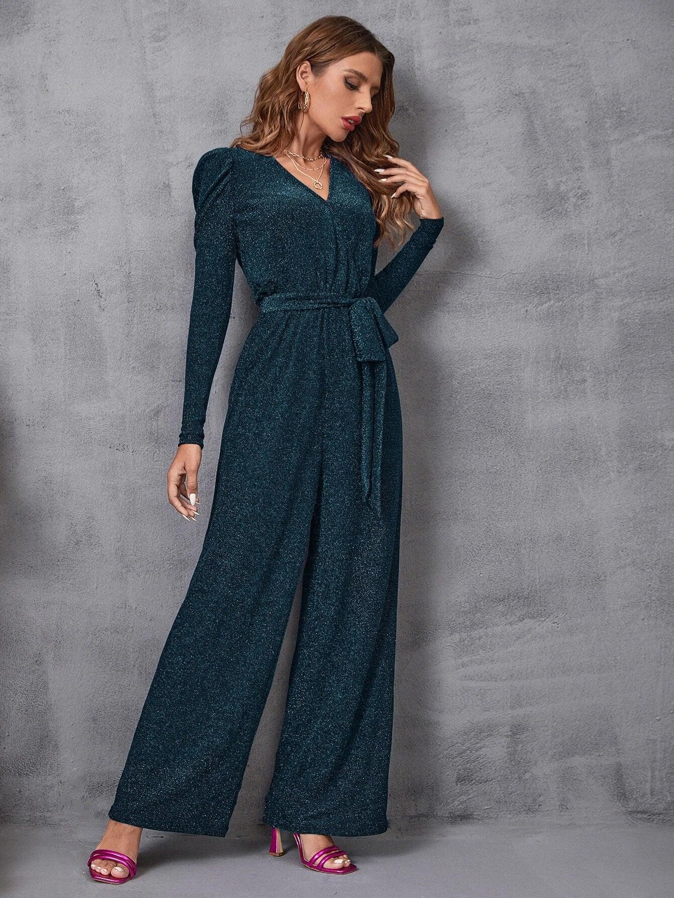 Surplice Neck Gigot Sleeve Belted Glitter Jumpsuit-Comfy Jumpsuits