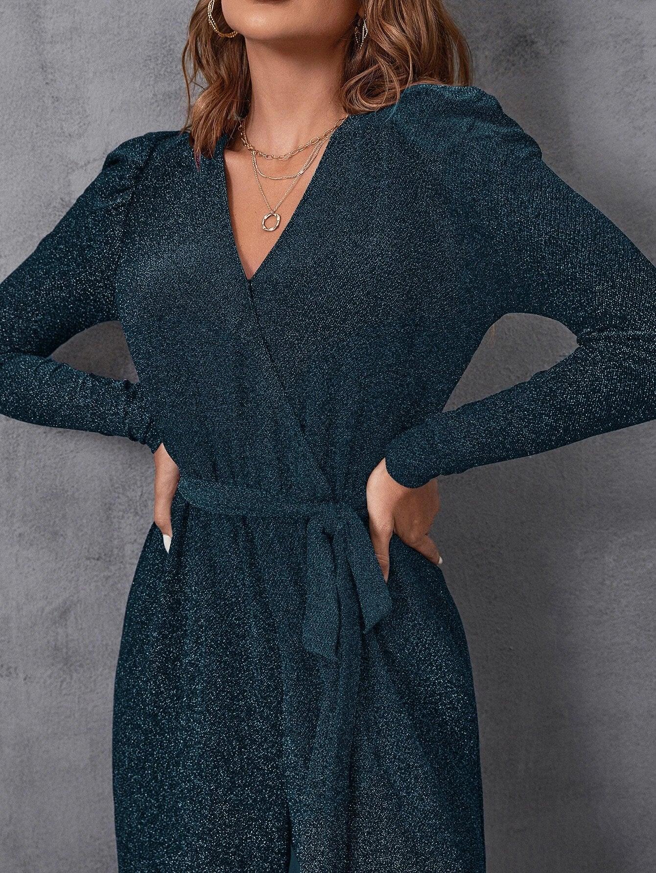 Surplice Neck Gigot Sleeve Belted Glitter Jumpsuit-Comfy Jumpsuits