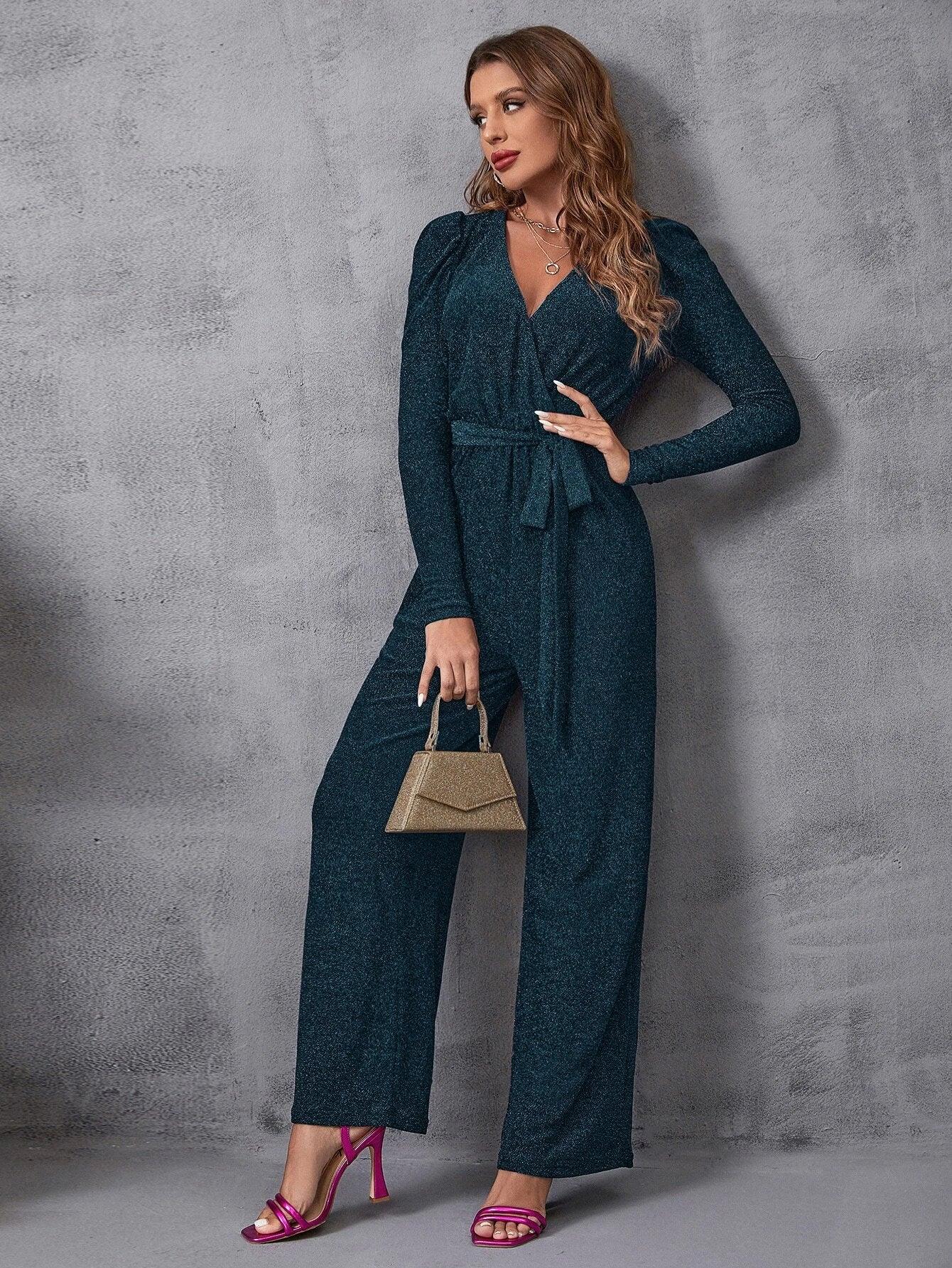 Surplice Neck Gigot Sleeve Belted Glitter Jumpsuit-Comfy Jumpsuits