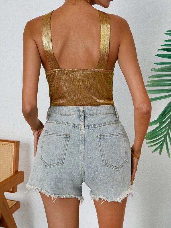 Twist Front Cut Out Metallic Part Style Bodysuit-Comfy Jumpsuits