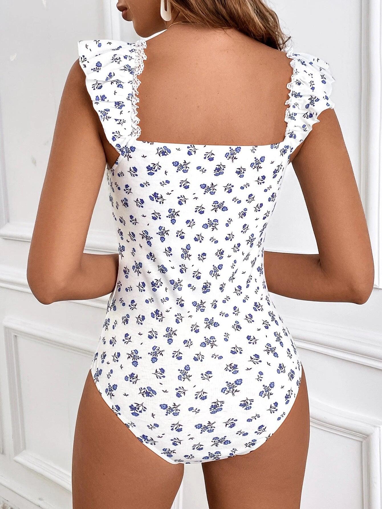 Floral Print Knot Front Bodysuit-Comfy Jumpsuits
