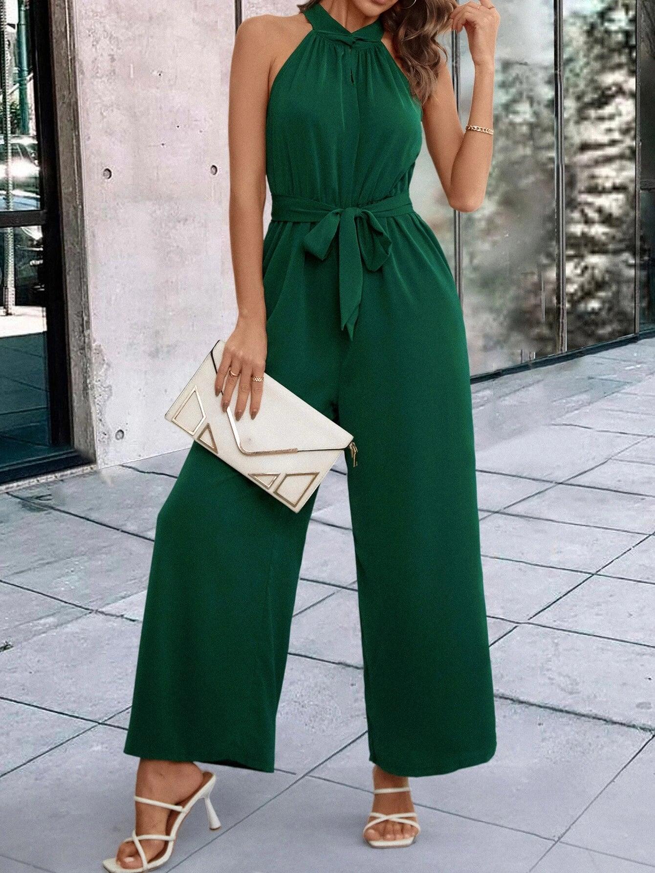 Twist Front Halter Jumpsuit-Comfy Jumpsuits