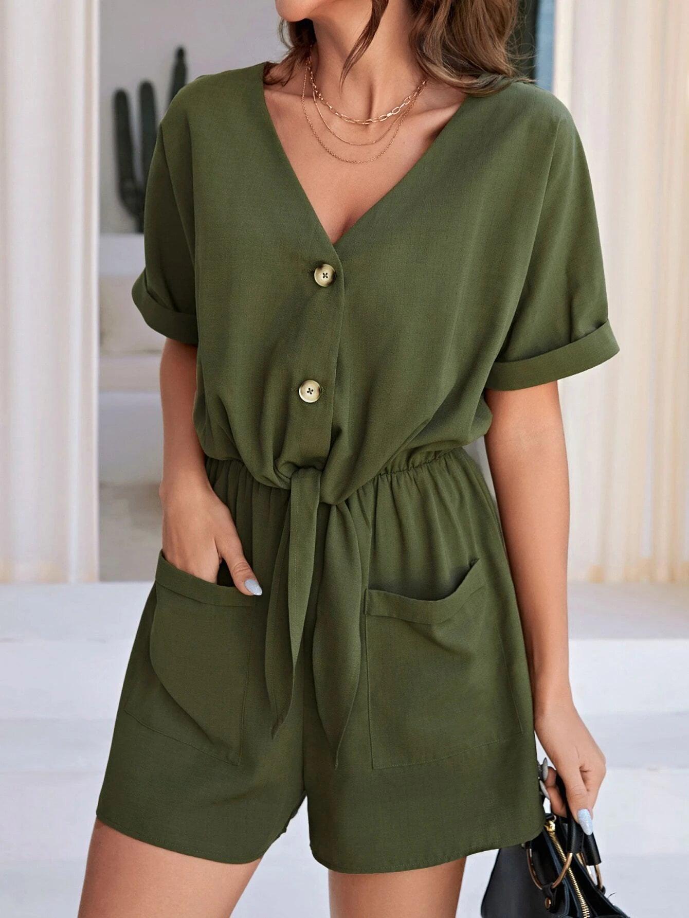 Roll Up Sleeves Dual Pocket Romper-Comfy Jumpsuits
