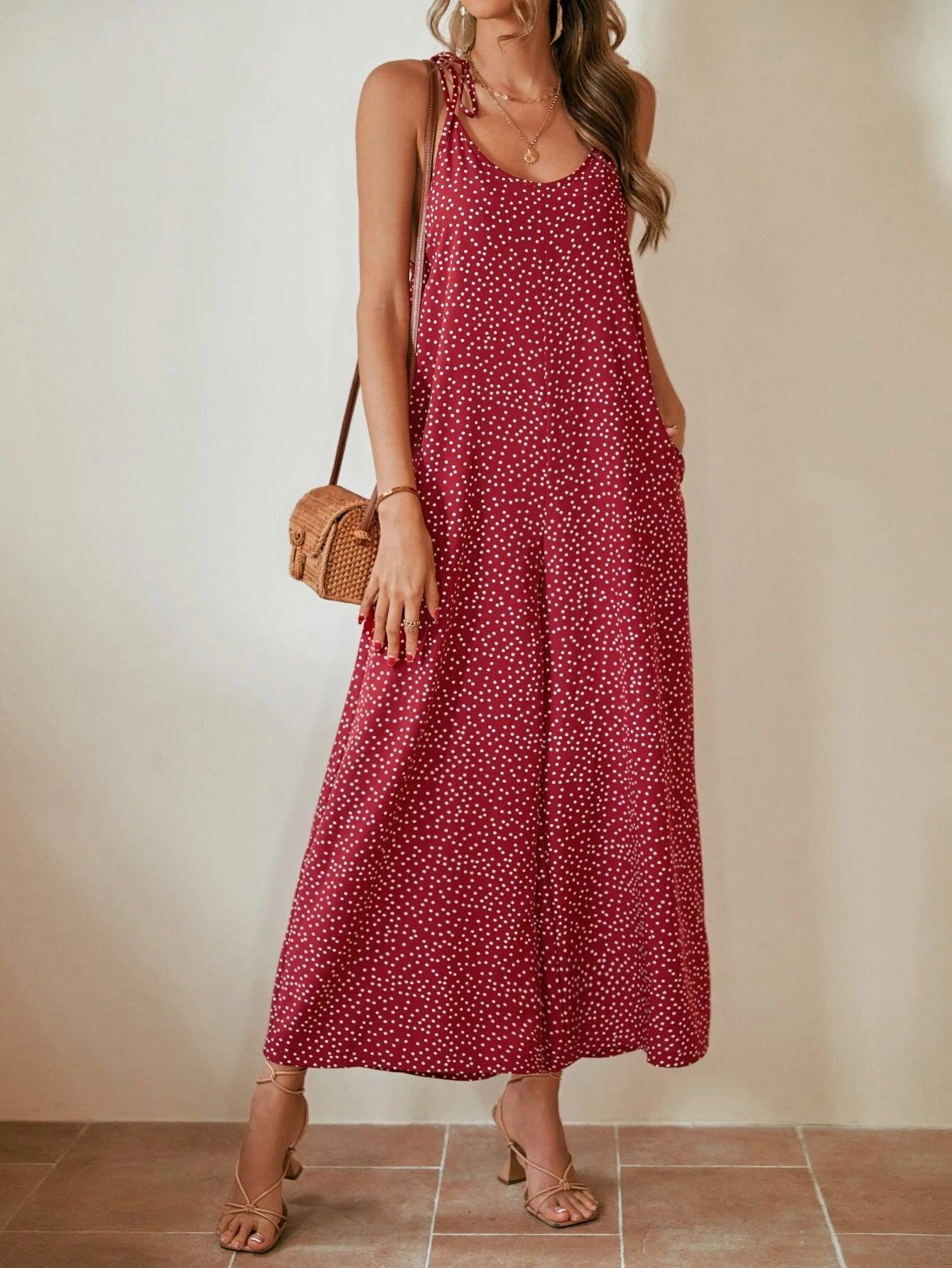 Dot Printed Hidden Pocket Cami Jumpsuit-Comfy Jumpsuits