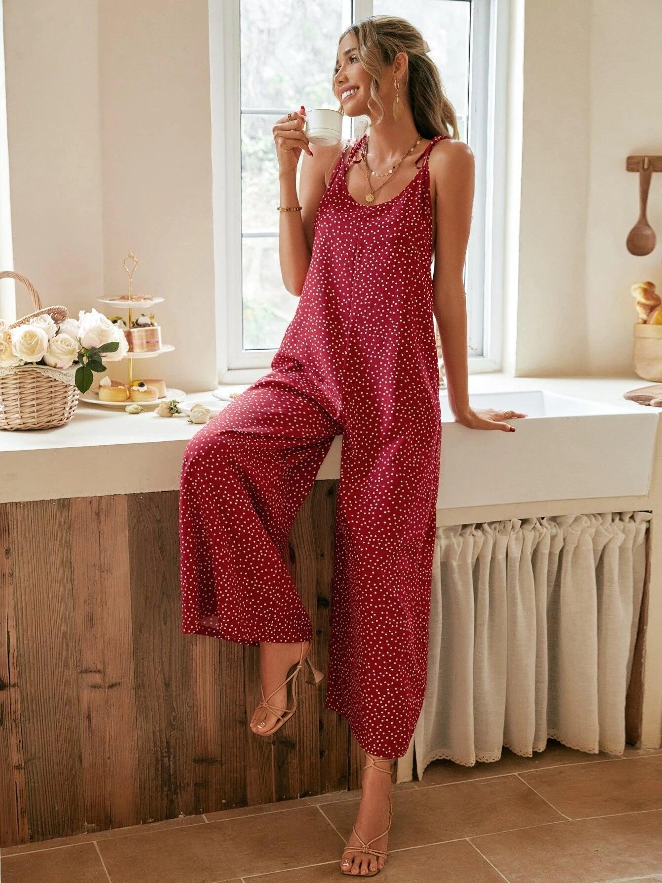 Dot Printed Hidden Pocket Cami Jumpsuit-Comfy Jumpsuits