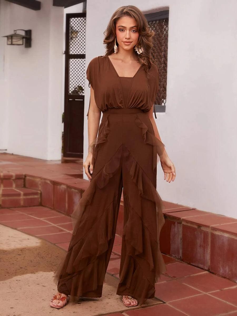 Solid Drawstring Detail Batwing Sleeve Bodysuit-Comfy Jumpsuits