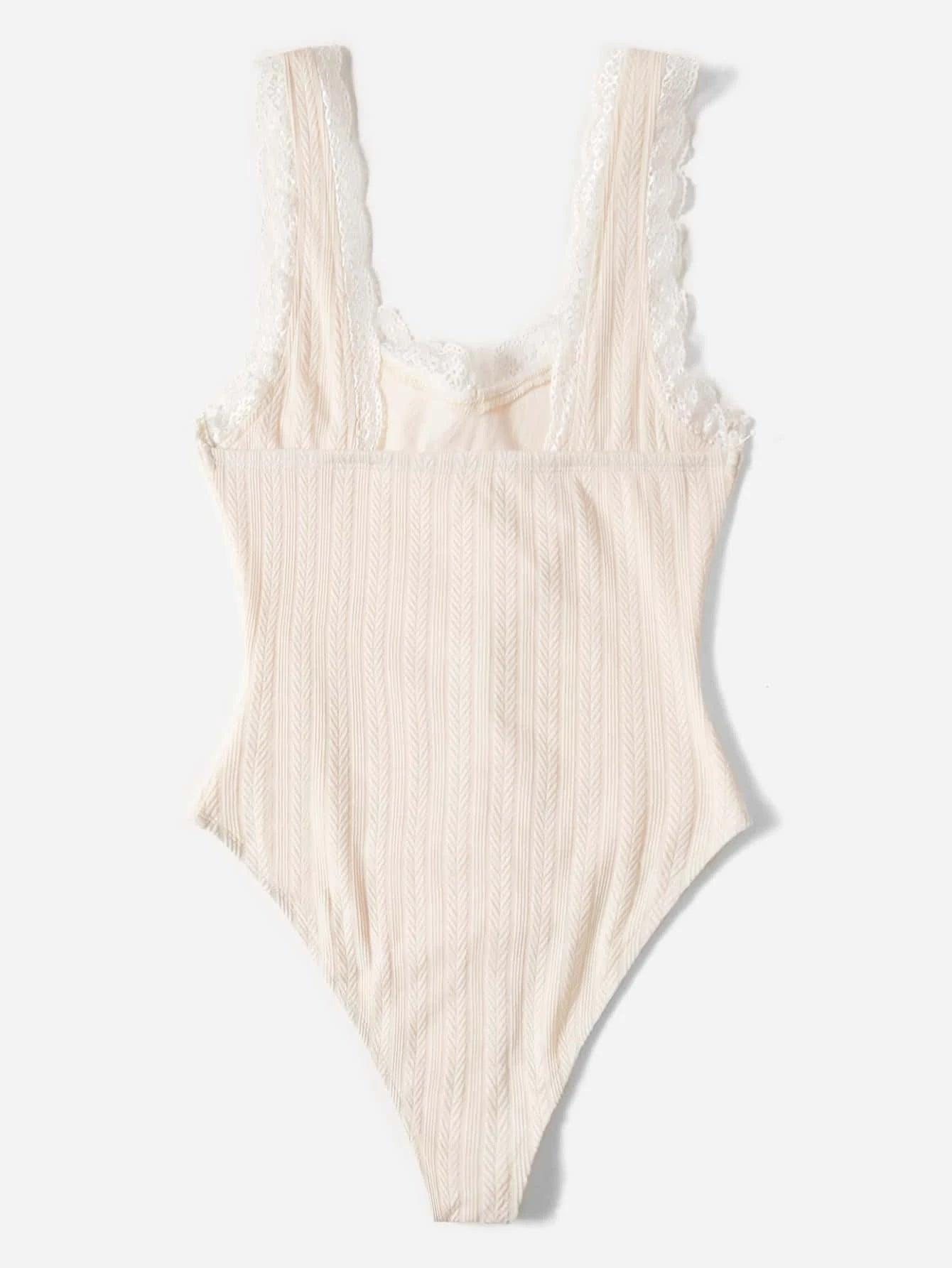 Lace Trim Tie Front Tank Bodysuit-Comfy Jumpsuits