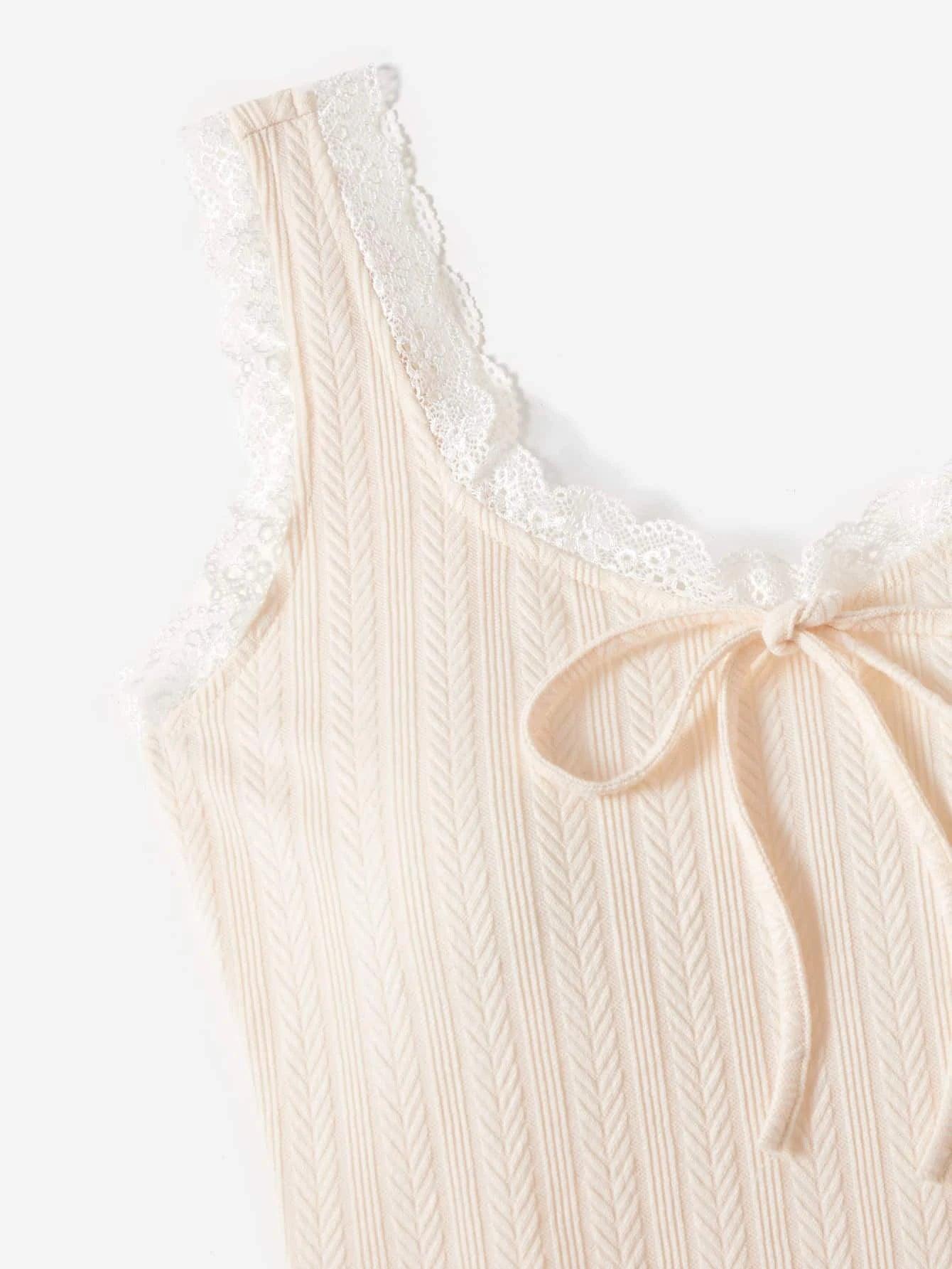 Lace Trim Tie Front Tank Bodysuit-Comfy Jumpsuits