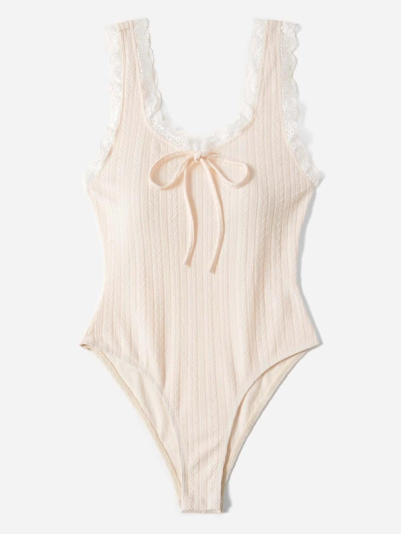 Lace Trim Tie Front Tank Bodysuit-Comfy Jumpsuits