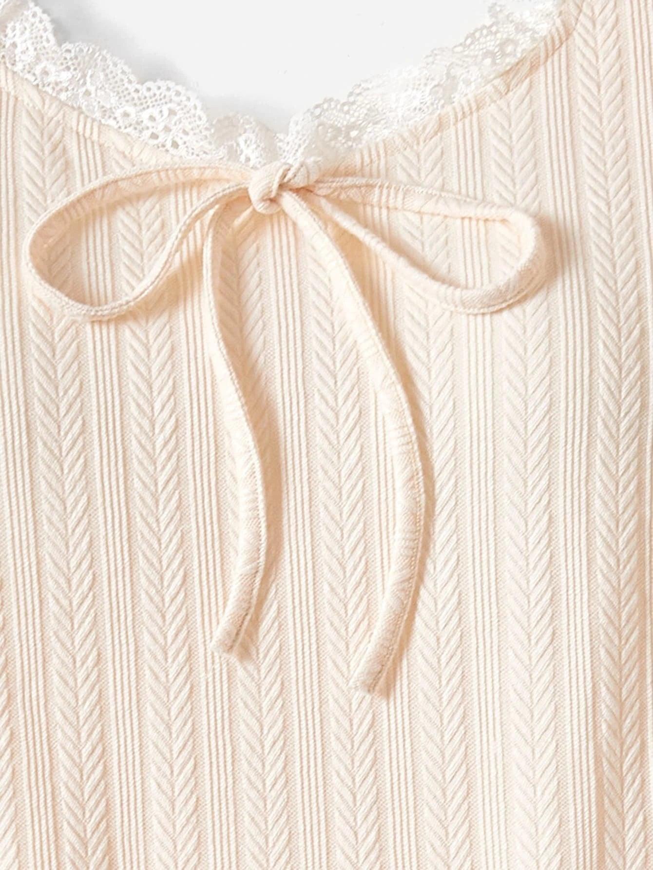 Lace Trim Tie Front Tank Bodysuit-Comfy Jumpsuits