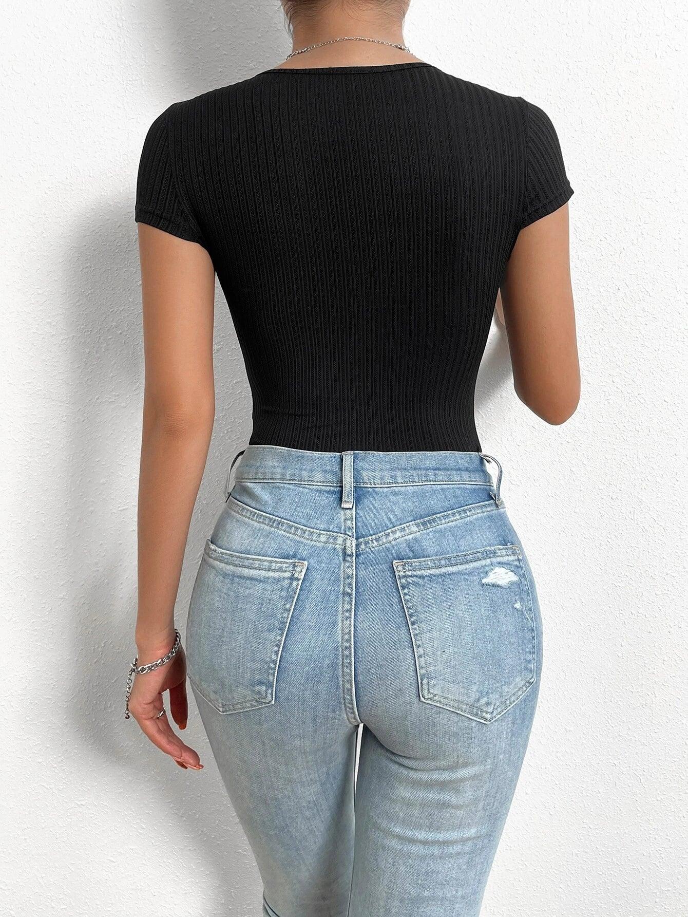 Notched Neck Ribbed Knit Tee Bodysuit-Comfy Jumpsuits