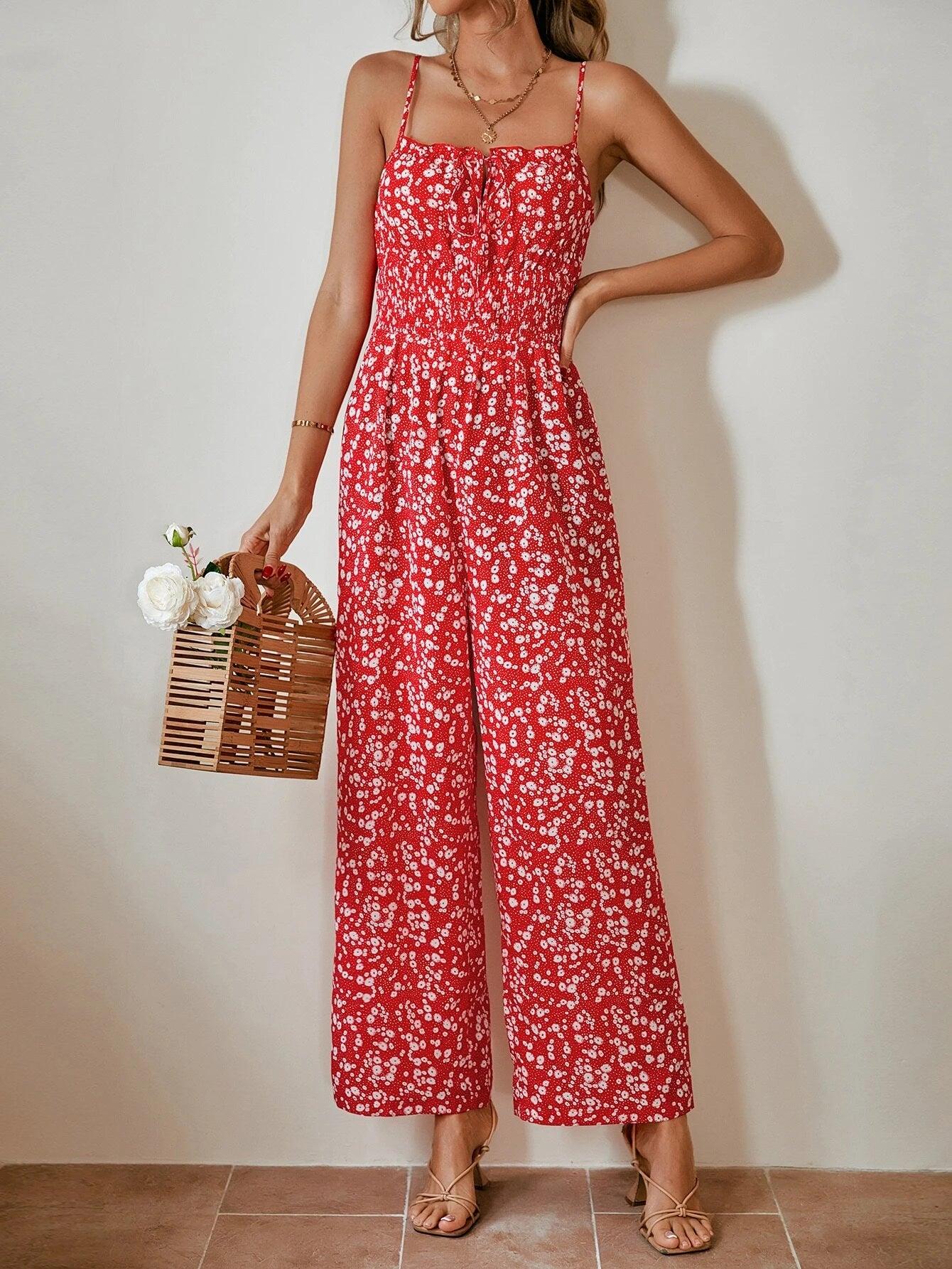 Floral Print Tie Front Cami Jumpsuit-Comfy Jumpsuits