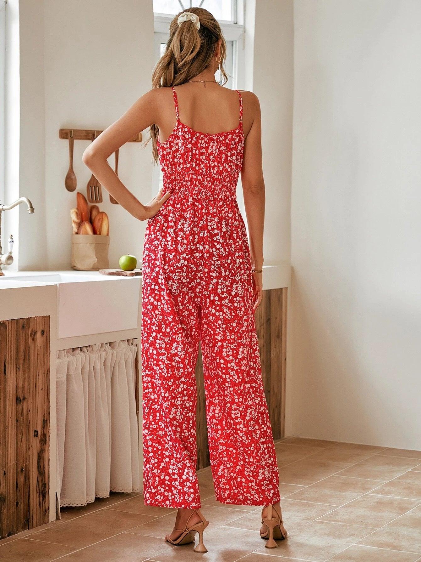 Floral Print Tie Front Cami Jumpsuit-Comfy Jumpsuits