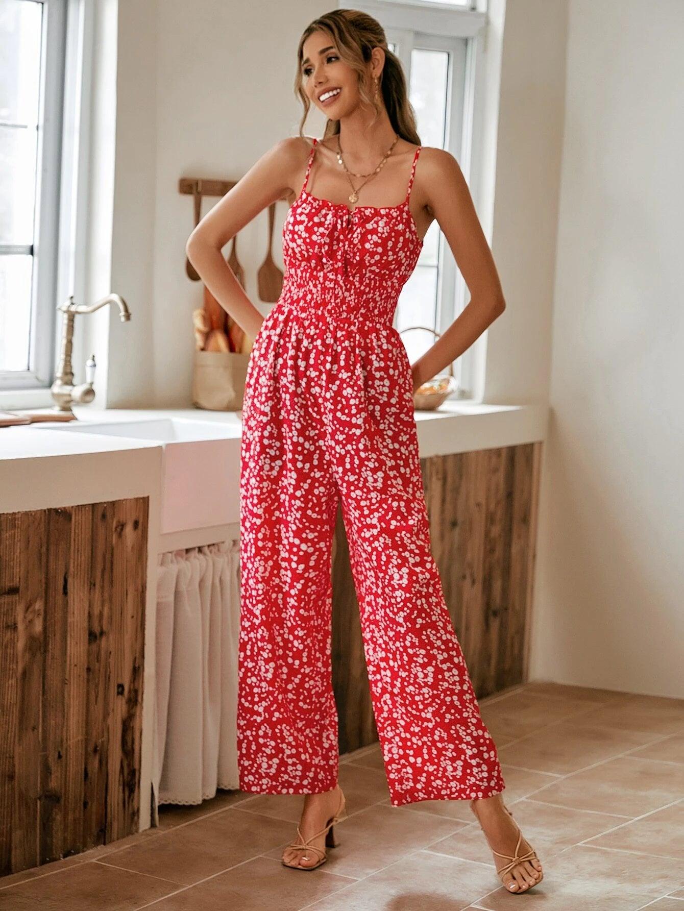 Floral Print Tie Front Cami Jumpsuit-Comfy Jumpsuits