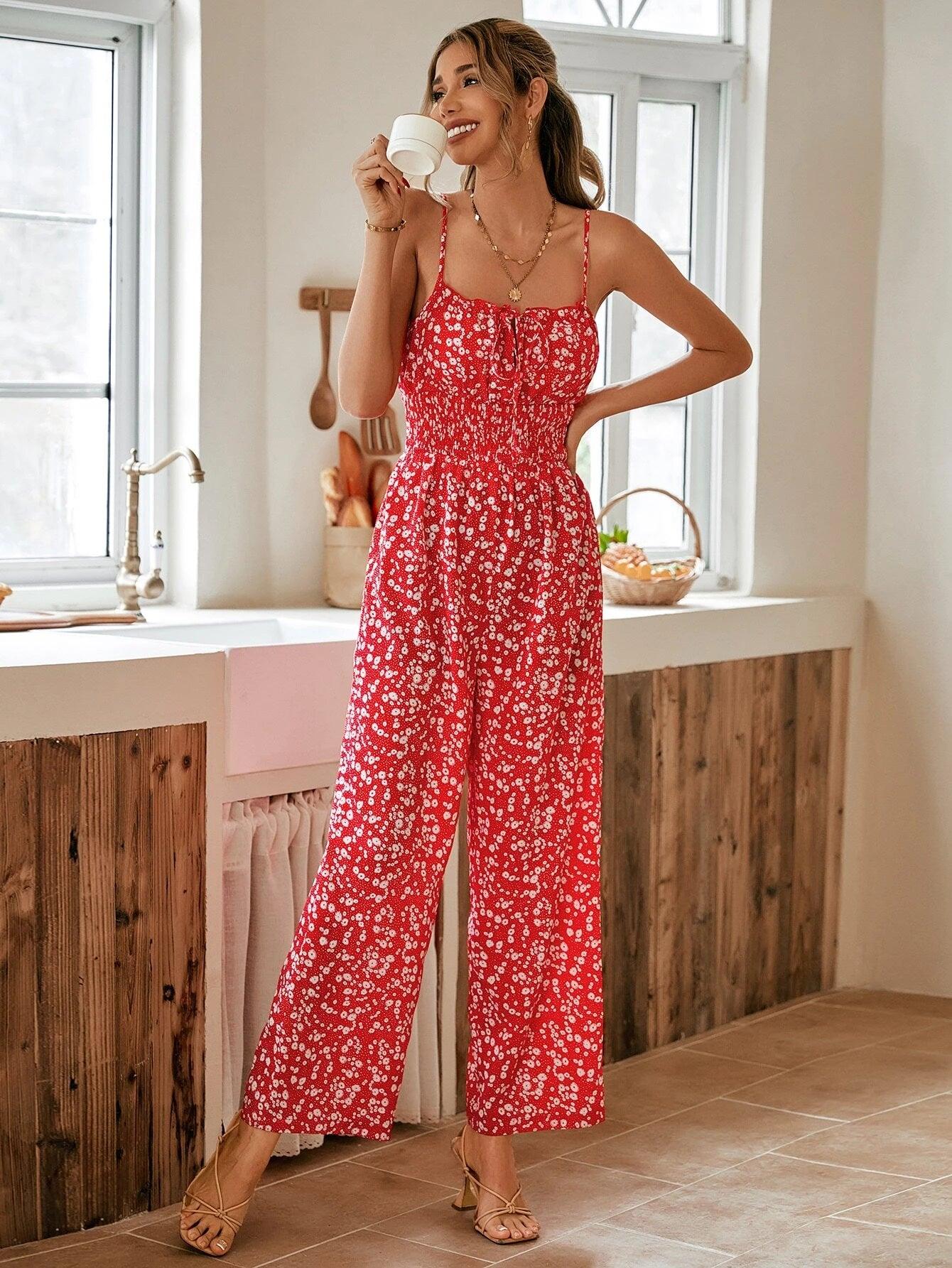 Floral Print Tie Front Cami Jumpsuit-Comfy Jumpsuits