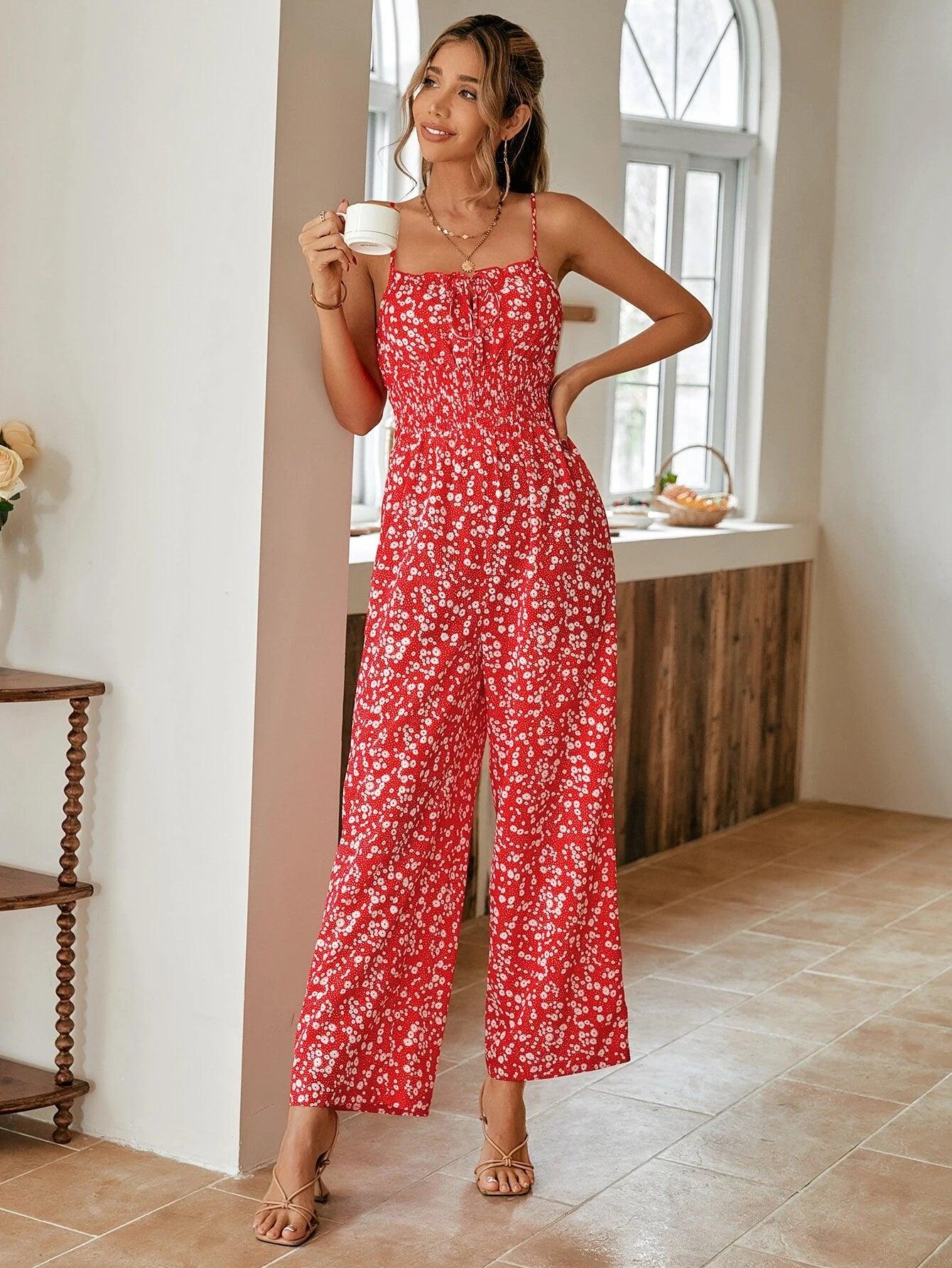 Floral Print Tie Front Cami Jumpsuit-Comfy Jumpsuits