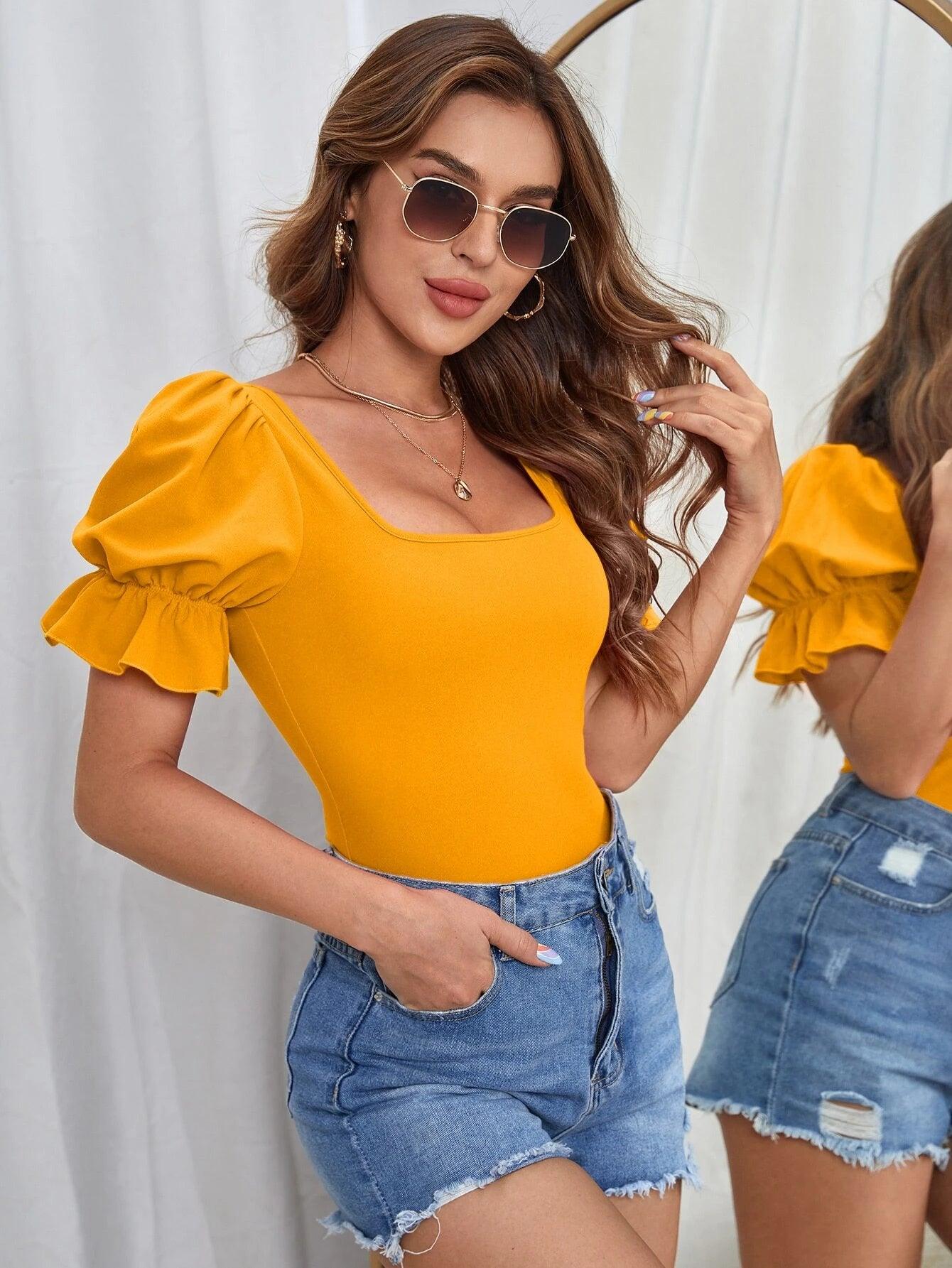Square Neck Puff Sleeve Tee Bodysuit-Comfy Jumpsuits