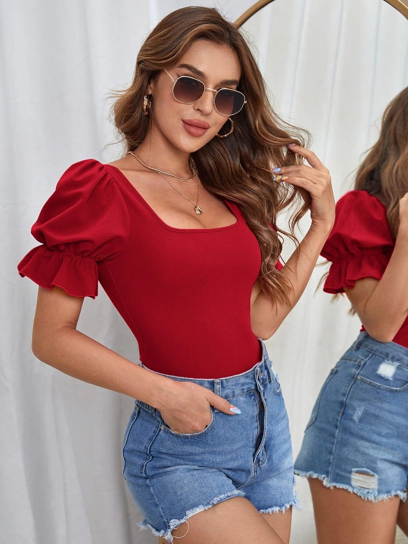 Square Neck Puff Sleeve Bodysuit-Comfy Jumpsuits