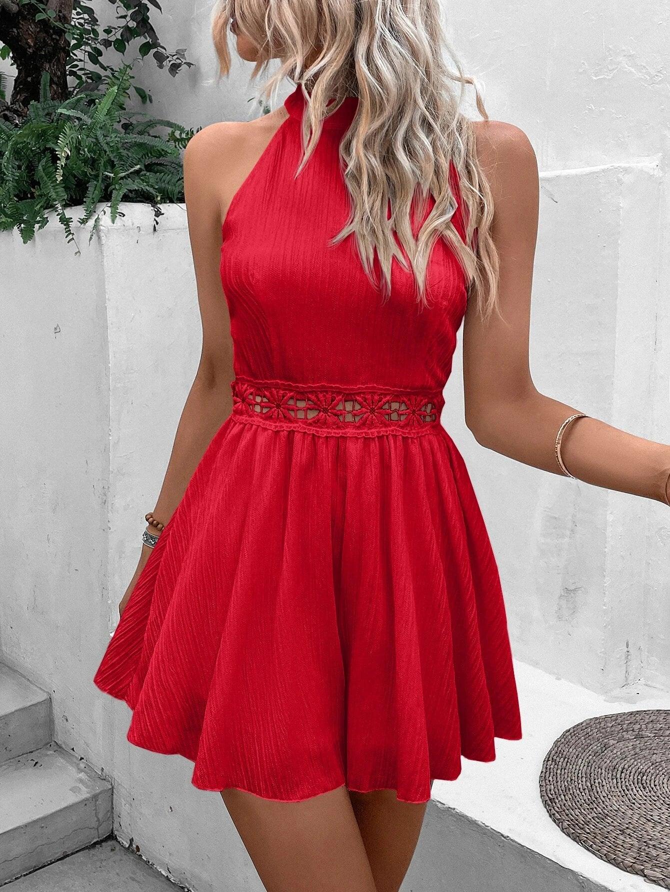 Lace Insert Halter Neck Pleated Hem Romper-Comfy Jumpsuits