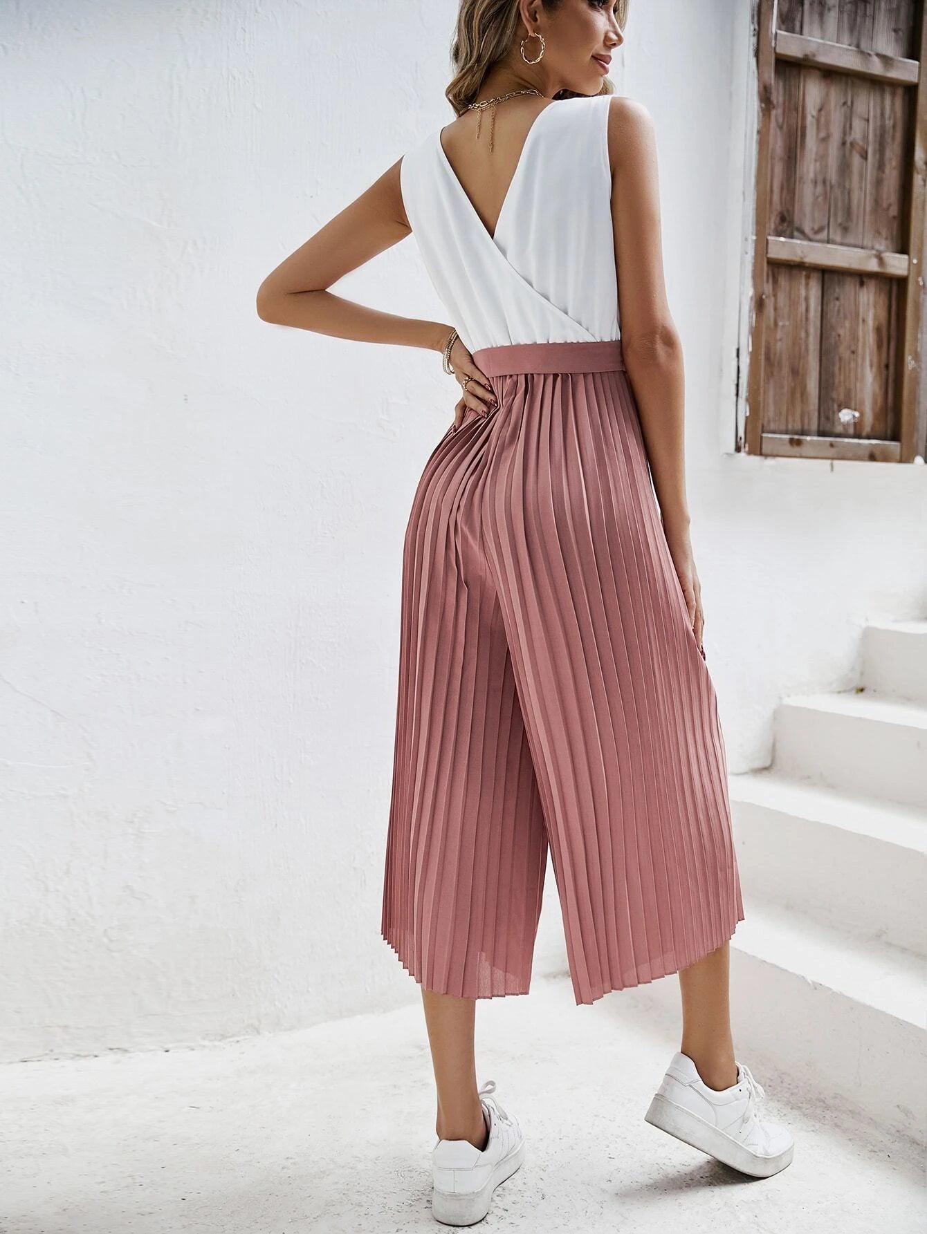 Two Tone Pleated Belt Jumpsuit-Comfy Jumpsuits