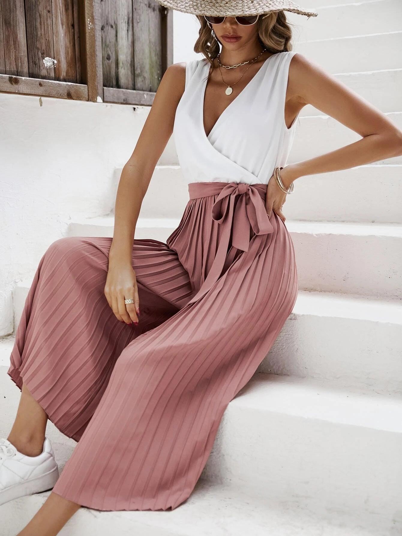 Two Tone Pleated Belt Jumpsuit-Comfy Jumpsuits