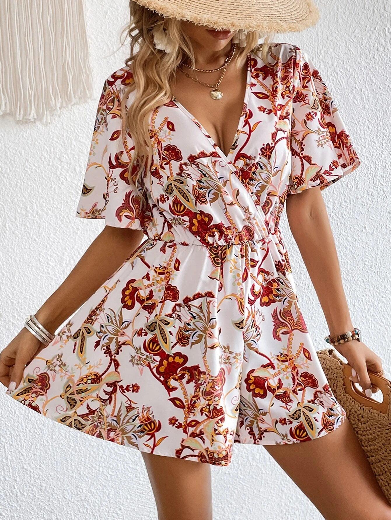 Floral Print Butterfly Sleeve Romper-Comfy Jumpsuits