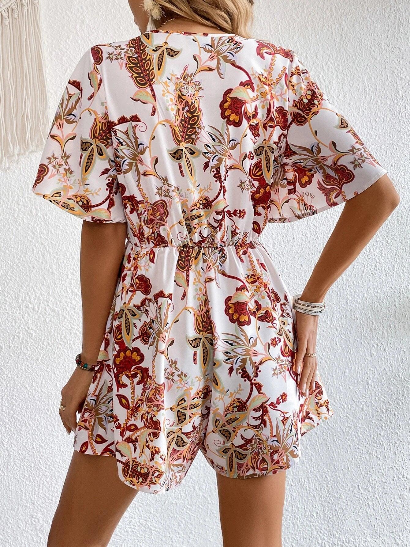Floral Print Butterfly Sleeve Romper-Comfy Jumpsuits