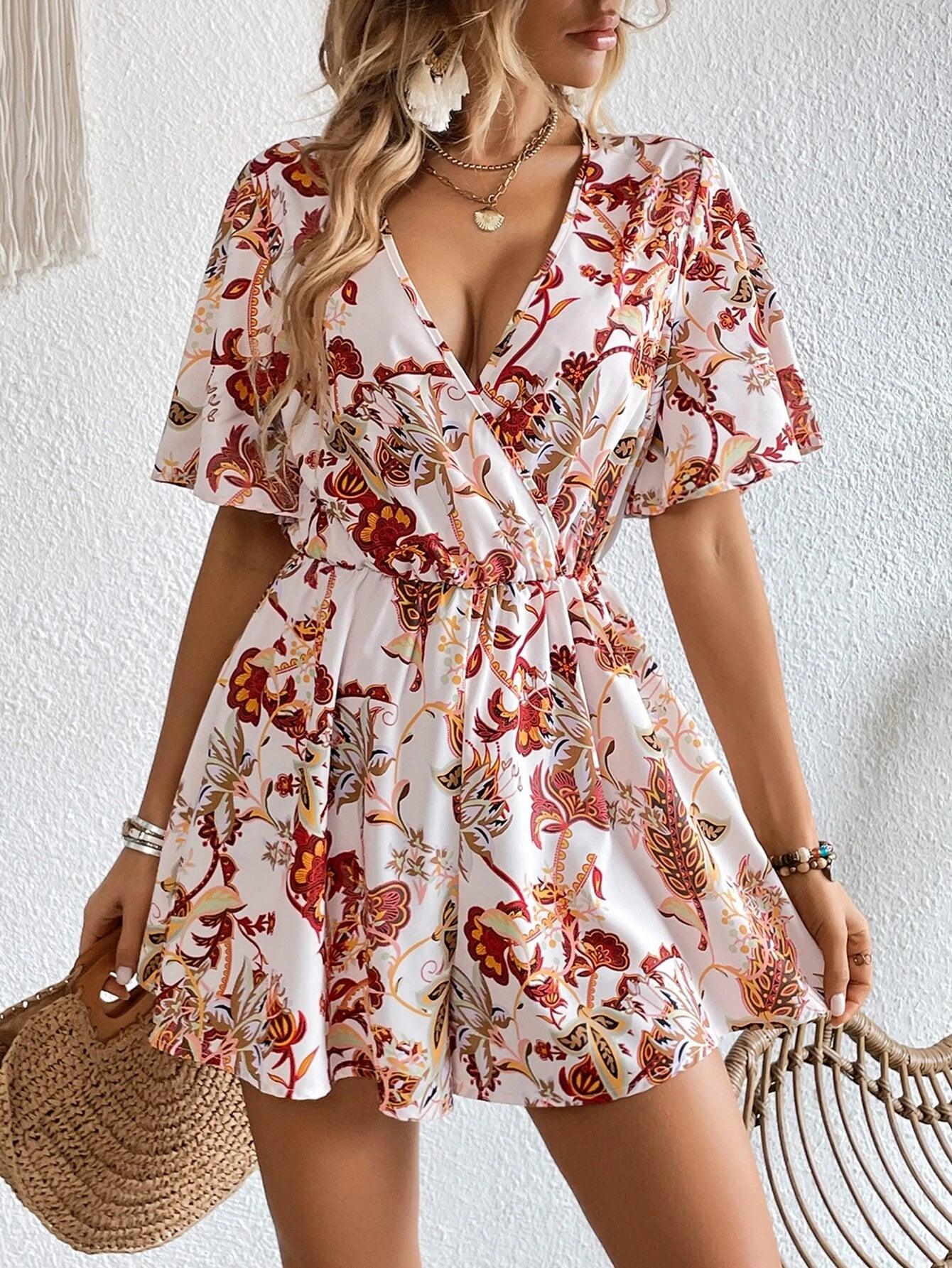 Floral Print Butterfly Sleeve Romper-Comfy Jumpsuits