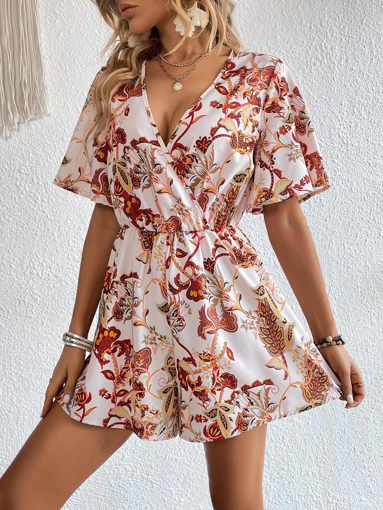 Floral Print Butterfly Sleeve Romper-Comfy Jumpsuits