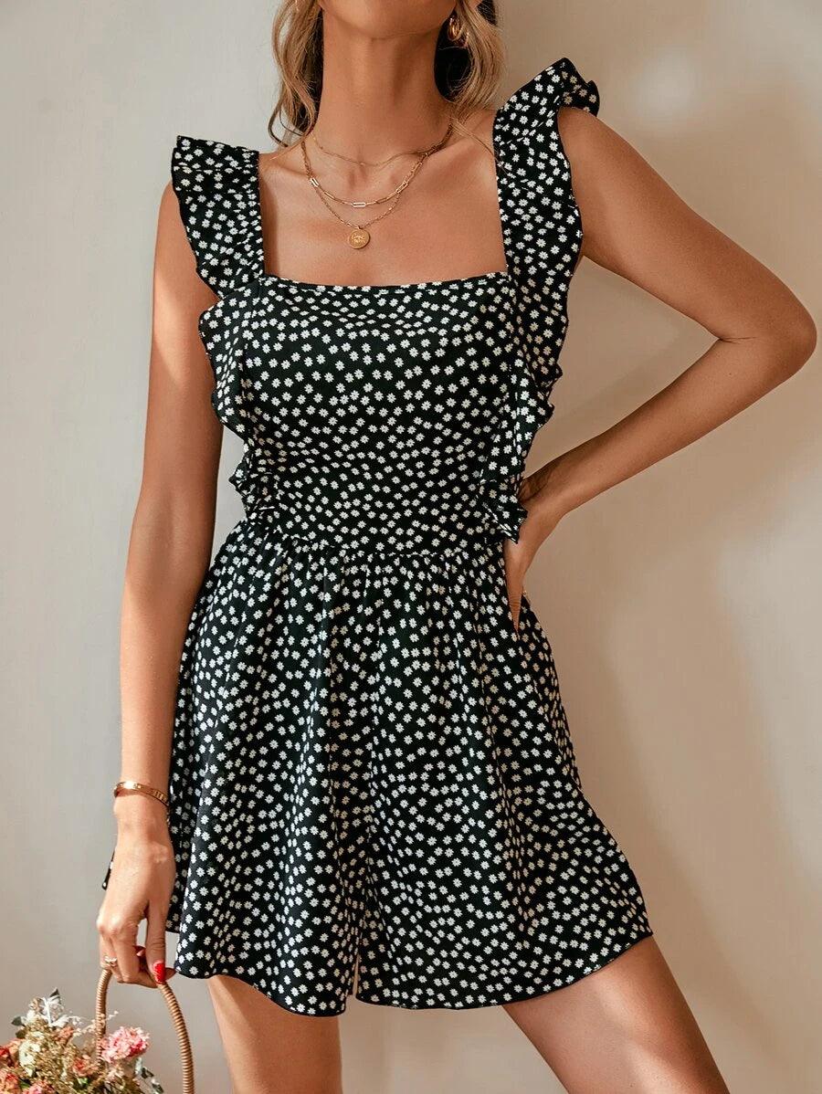 Floral Tie Backless Ruffle Trim Jumpsuit-Comfy Jumpsuits