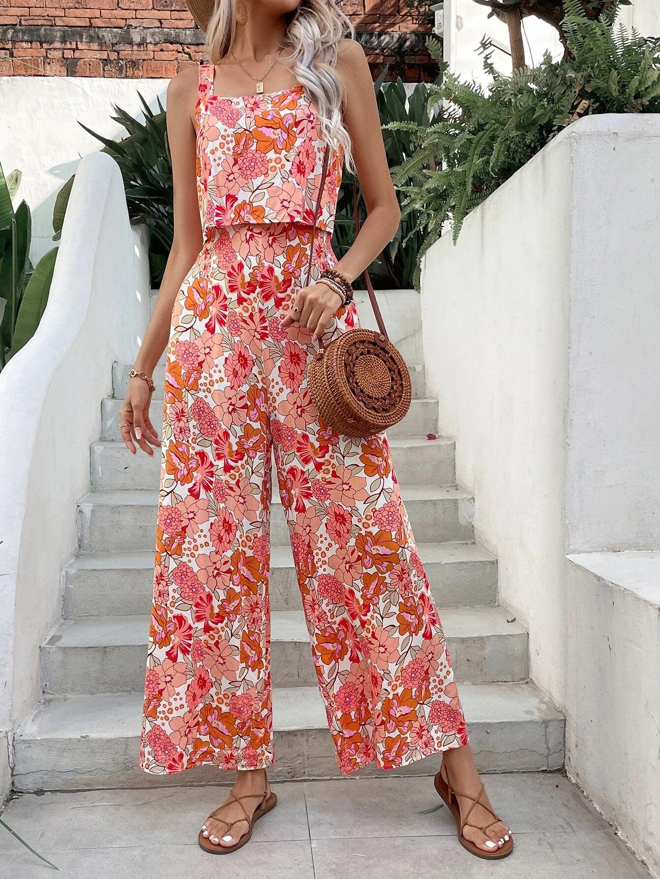 Floral Print Wide Leg Cami Jumpsuit-Comfy Jumpsuits