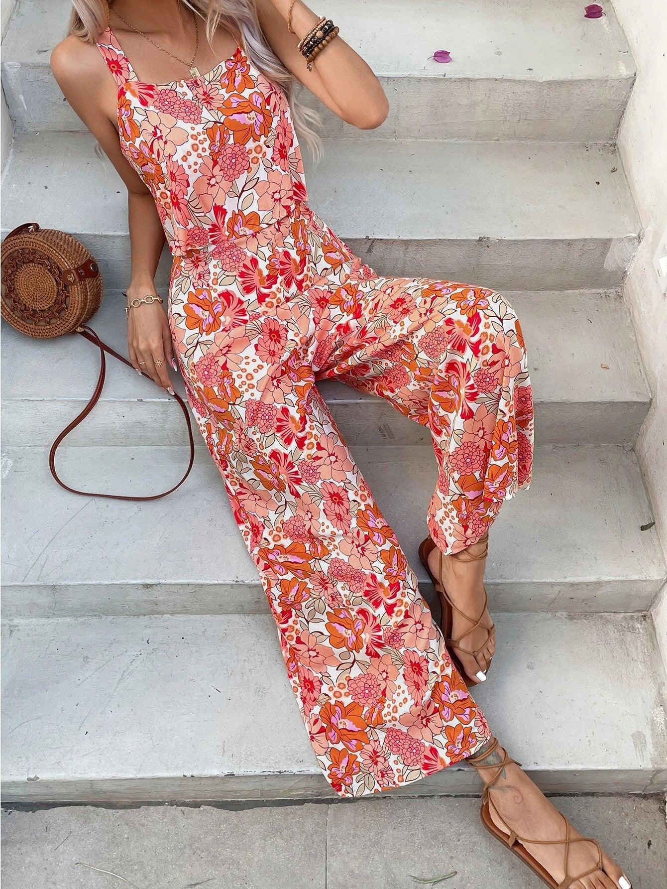 Floral Print Wide Leg Cami Jumpsuit-Comfy Jumpsuits