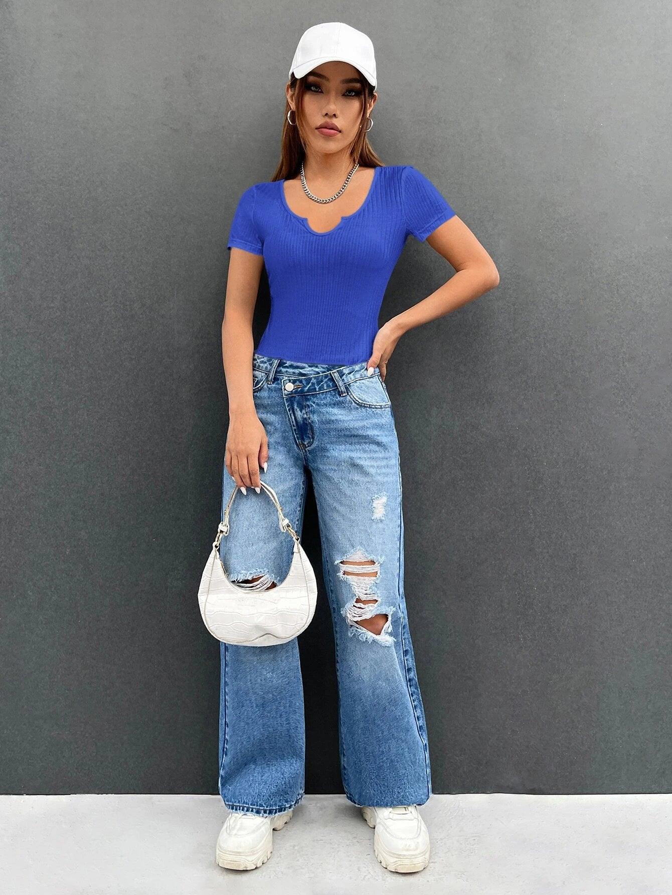 Notched Neck Ribbed Knit Bodysuit-Comfy Jumpsuits