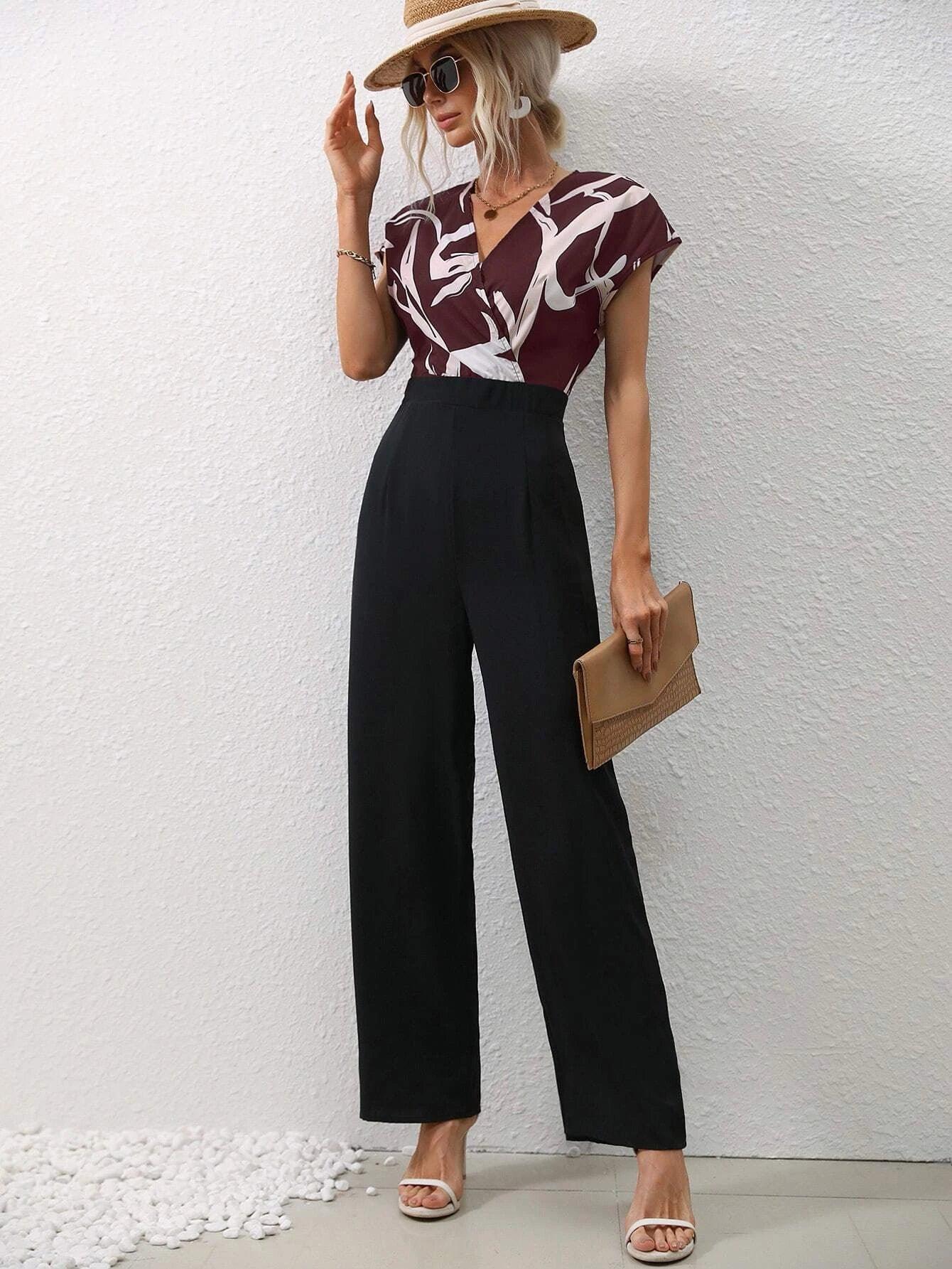 Graphic Print Overlap Collar Jumpsuit-Comfy Jumpsuits