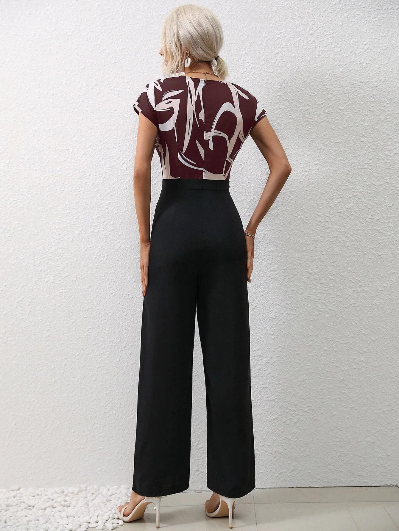 Graphic Print Overlap Collar Jumpsuit-Comfy Jumpsuits
