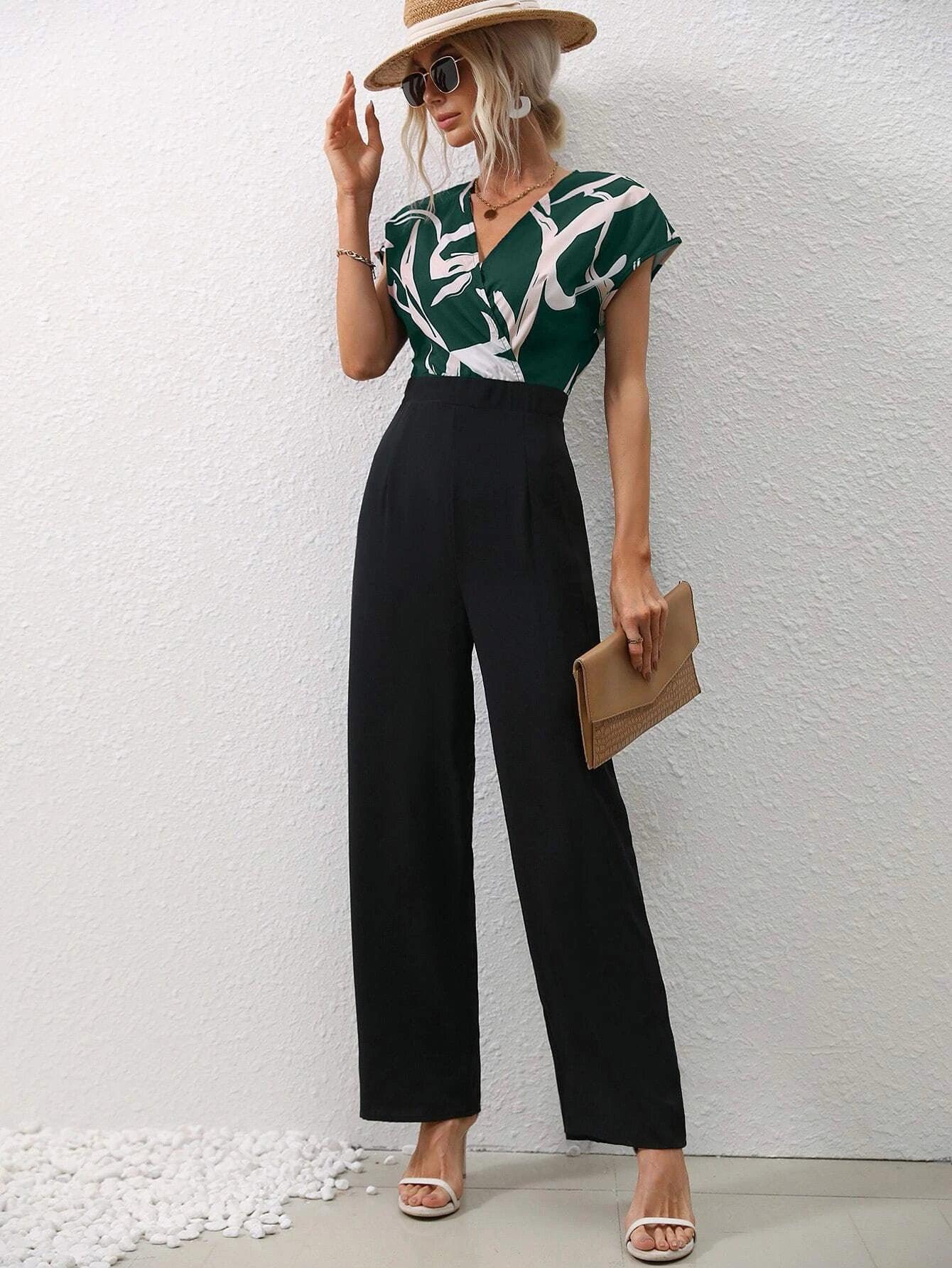 Graphic Print Overlap Collar Jumpsuit-Comfy Jumpsuits